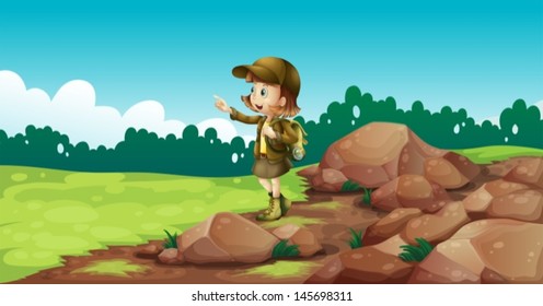 Illustration of a female explorer near the rocks