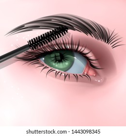 illustration with female eye, long eyelashes and mascara brush, Realistic vector illustration