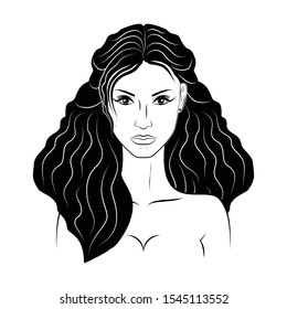 Illustration of a female face on a white background. Beautiful and young woman with long hair. Close portrait. Sketch. Isolated outline, line, contour. New minimalism.