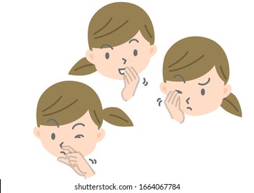 Illustration of female face touching eyes, nose and mouth with hands