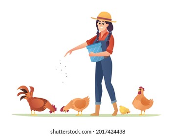 Illustration of a female farmer feeding chickens