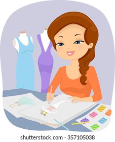 Illustration of a Female Fashion Designer Drawing on Her Sketchpad