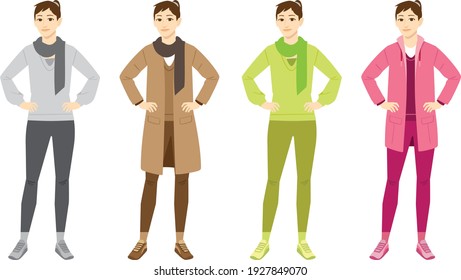 illustration of female fashion with variation fall or winter clothes in simple flat style