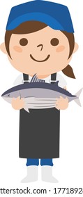 Illustration of a female fishmonger with a smiling bonito.