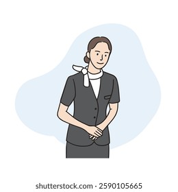 Illustration of a female flight attendant greeting with her hands neatly together. Hand-drawn vector elements.