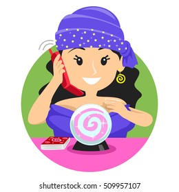 Illustration Of Female Fortune Teller Talking To Her Phone