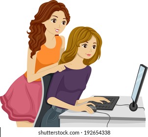 Illustration of Female Friends Checking the Computer Together