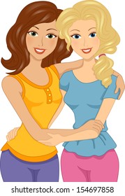 Illustration of Female Friends with Their Arms Wrapped Around Each Other