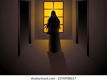 Illustration eines Geistes, der vor einem Fenster in einem sputierten Haus steht. Dieses abkühlende und atmosphärische Bild eignet sich perfekt für Halloween-Themen, Geistergeschichten und Horrorillustrationen