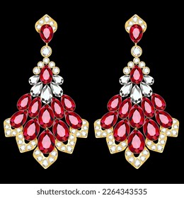 Illustration of female gold earrings with precious stones