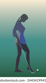 Illustration of a female golfer with a club on a green background, for the design of prints, banners, posters and interiors in the style of sports and leisure