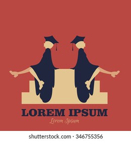Illustration of female graduate in academic dress sitting on the books. Vector template for business card and banner. Icon logo for bookstore, library,educational institutions and courses.