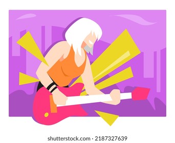 Illustration Of A Female Guitarist Or Bassist With Short Hair Performing. Purple Background, Stage. Suitable For Theme Concert, Band, Music, Rock, Star, Singer, Technology Etc. Flat Vector Style