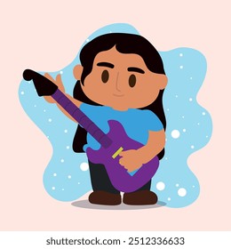 Illustration einer Gitarristin, die eine violette E-Gitarre hält, winkend. Vektorgrafik