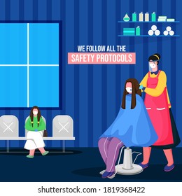 Illustration of Female Hairdresser with Her Clients Sitting at Chair in Salon or Beauty Parlor During Coronavirus Pandemic.