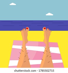 An illustration of female hairy legs on a beach. Body positivity poster. Natural beauty. Vacation sunbathing.