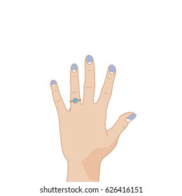 Illustration of female hand. Bride's left hand with a ring