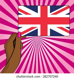 Illustration of a Female hand holding the flag of the United Kingdom