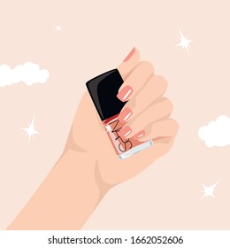 Illustration of a female hand holding nail polish. For prints, banners, posters and fashion design.