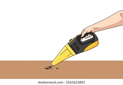 Illustration of a Female hand holding a portable vacuum cleaner cleaning the house.