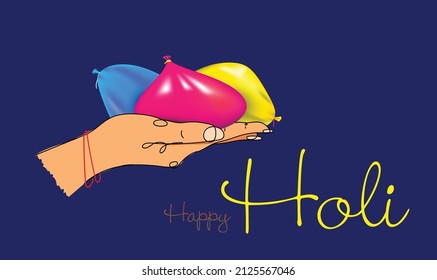 Illustration of Female hand holding water balloon. Holi sale concept