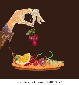 Illustration of a female hand picking up a ripe cherry from a plate full of various fruits