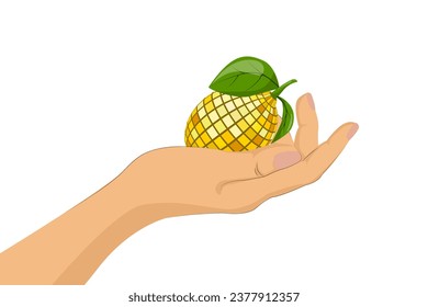 Illustration of a female hand tenderly holding a lemon. Flat style design. Y2K