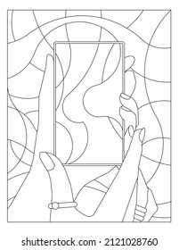 Illustration of female hands capture abstract moment using a smartphone. Coloring Page for Adults