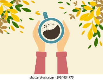 Illustration of female hands in a sweater holding a cup of coffee. There is a lot of autumn foliage nearby.