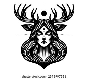 An illustration of female head with deer antler in white background. Horror and mystery element design. Vector graphic.