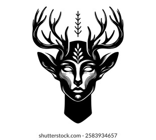 An illustration of female head with deer antler in white background. Horror and mystery element design. Vector graphic.