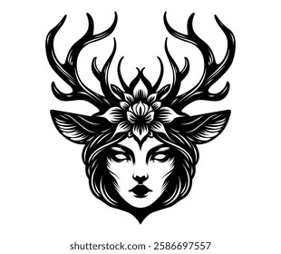 An illustration of female head with deer antler in white background. Horror and mystery element design. Vector graphic.