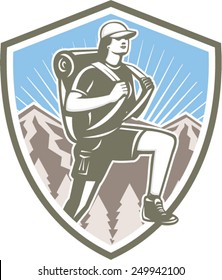 Illustration of a female hiker hiking walking set inside shield crest with mountains and sunburst in the background done in retro style. 