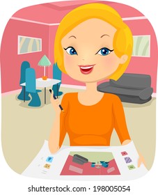 Illustration of a Female Interior Designer Planning the Design of a Room