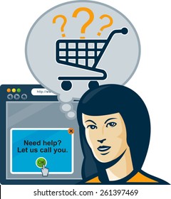 Illustration of a female internet shopper with bubble and shopping cart and internet web browser in background.