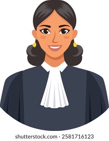  illustration of a female judge with dark hair tied back, wearing gold earrings and a traditional black robe with a white jabot. She has a confident and friendly expression