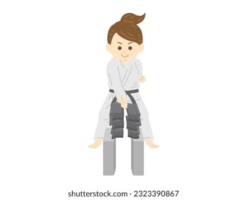 An illustration of a female karateka who breaks tiles.