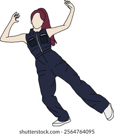 illustration of a female kpop idol who is performing raising her hands. a dancer doing a freestyle. street dancer