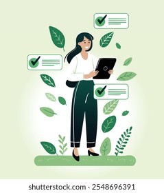 Ilustração de uma advogada revisando a publicidade ambiental de uma empresa com um tablet digital, garantindo que as alegações ecológicas estejam em conformidade com as leis para evitar lavagem verde e promover o marketing ético.