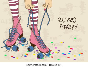 Illustration with female legs in retro roller skates on a grunge background 