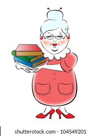 Illustration of female librarian with a stack of books in their hands.