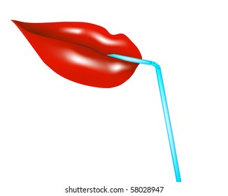 Illustration of the female lips with straw isolated over white
