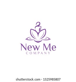 illustration of female logo and Lotus flower, Wellness, Spa, Healing Logo template. yoga logo design stock. human meditation in lotus flower vector illustration in purple color.