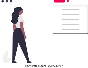 illustration femelle regardant un menu déroulant sur le site. Illustrations vectorielles