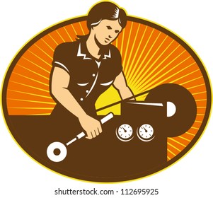 Illustration of a female machinist factory worker working on lathe machine set inside ellipse done in retro style.