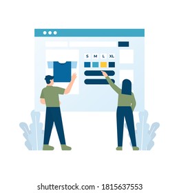 illustration of a female and male buyer looking at clothes on an e-commerce website. the customer is choosing the color of the shirt. online shop business concept. flat style. design elements.