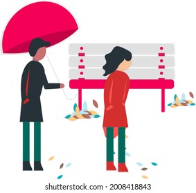 illustration female and male in a park with autumn weather carrying an umbrella. Vector illustrations
