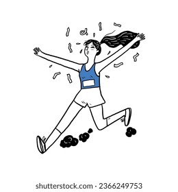 Illustration of a female marathon runner rejoicing as she crosses the finish line, Hand drawn illustration line art doodle style.