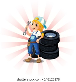 Illustration of a female mechanic in front of the tires on a white background