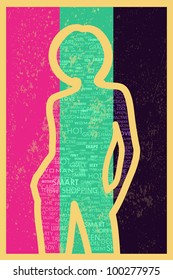 illustration of female model on multicolor background with fashion word cloud